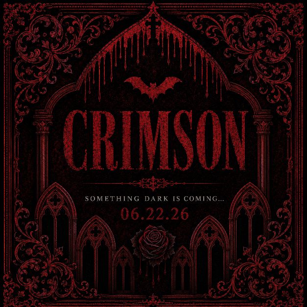 Crimson event flyer — gothic arch design with bat and dripping cross