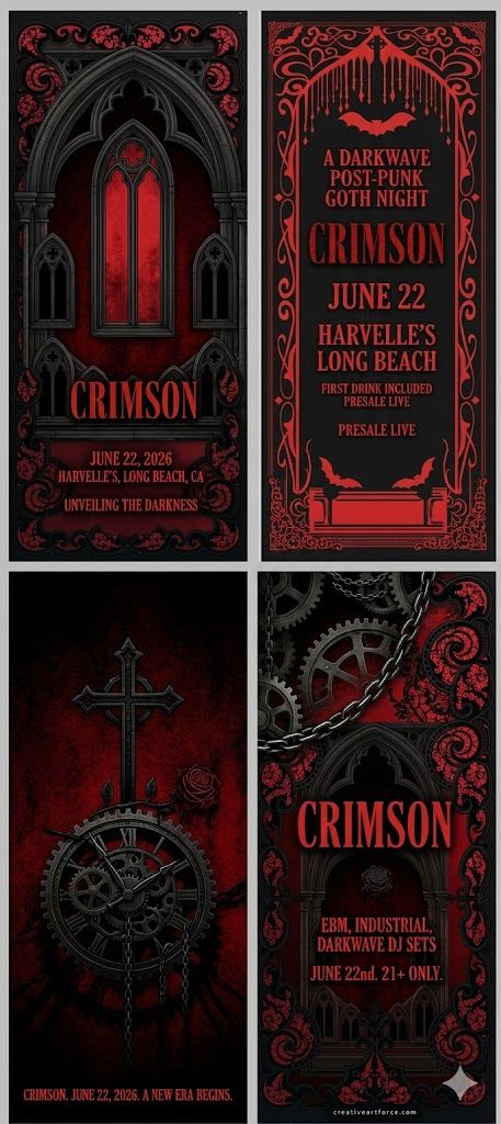 Crimson event flyer collage showing gothic architecture, EBM and industrial goth night